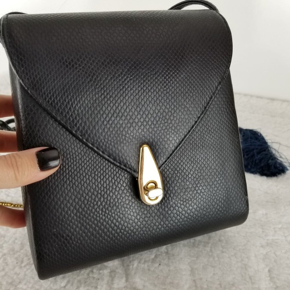 Vintage Black Lizard Embossed Crossbody Bag Gold‎ Teardrop Turn-lock Evening Bag